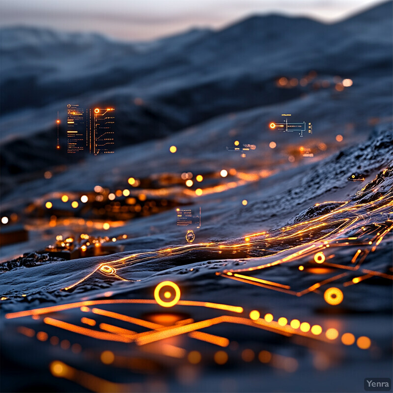 A futuristic landscape with glowing orange lines and dots on a blue background.