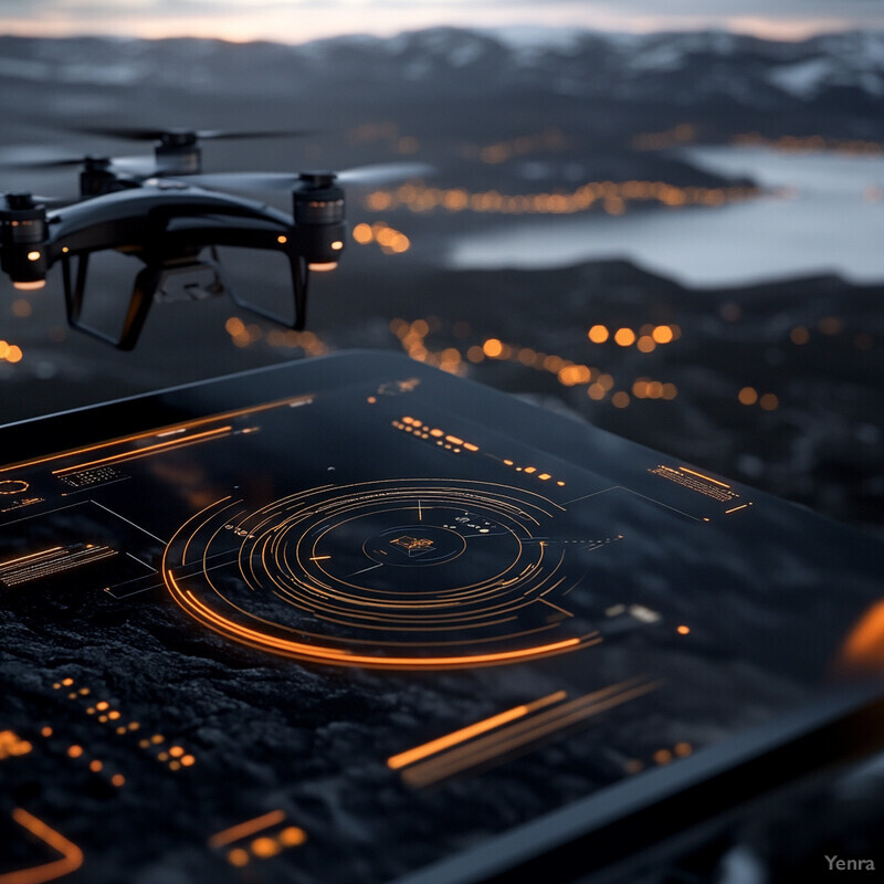 A drone hovers over a control panel with an orange and black interface in a nighttime winter setting.