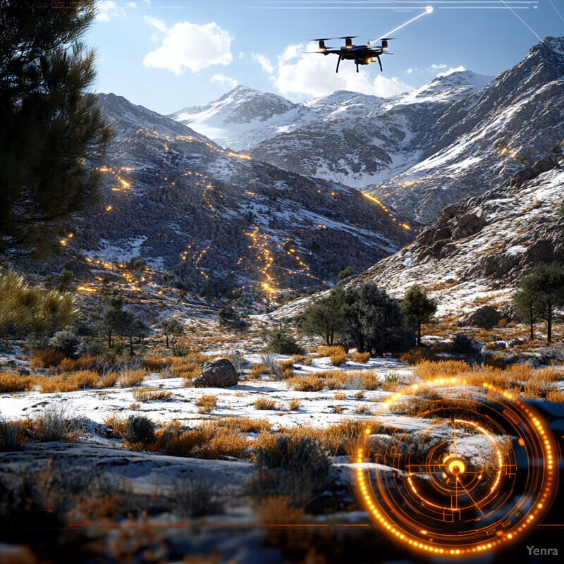 A drone flies over a snow-covered mountainous region at night.