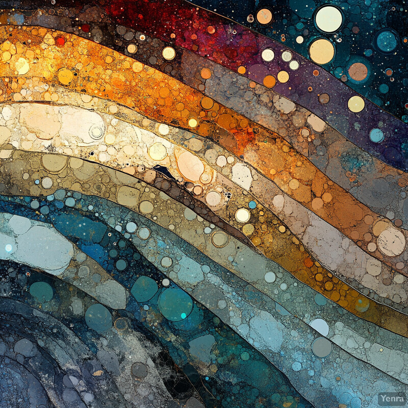 A vibrant representation of geological anomalies featuring a complex network of lines and shapes in shades of blue, red, orange, green, and yellow.