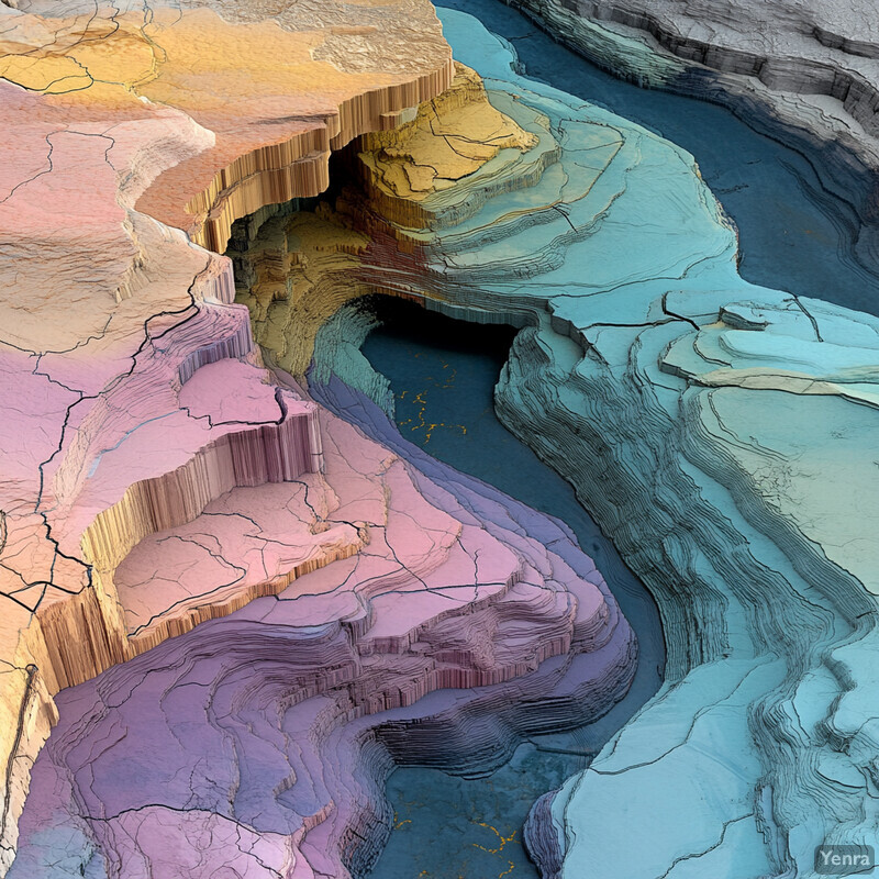 A 3D rendering of a geological formation showcasing layers of rock and sediment.