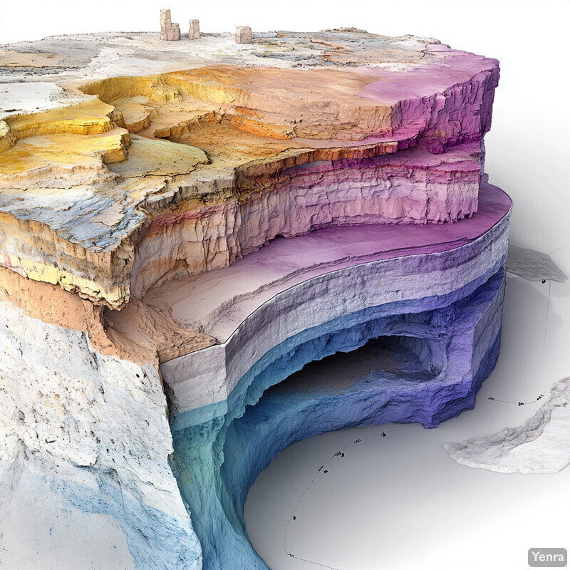 A 3D geological model of a cliffside with layered structure and distinct colors.