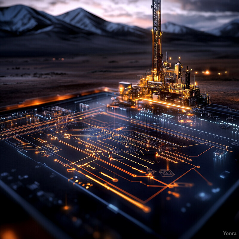 An oil rig is depicted in a vast open area with mountains visible in the background.