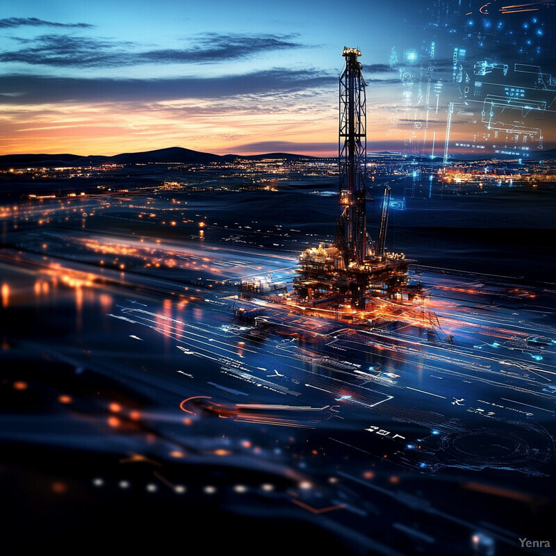 Large oil rig in an open field near a city.