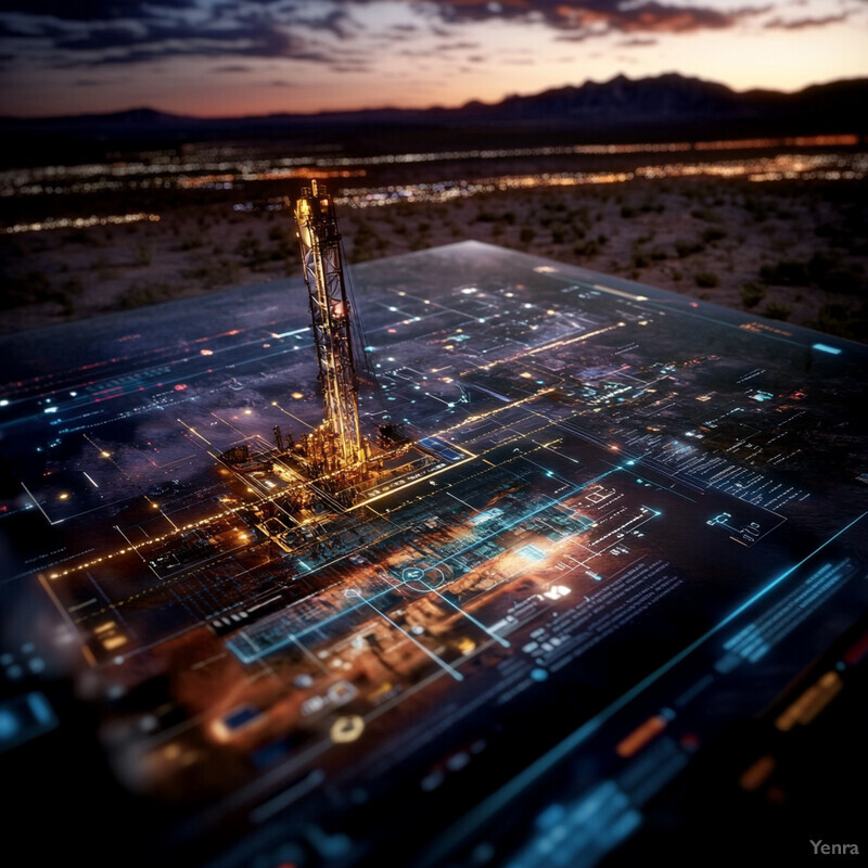 An oil rig in a desert landscape at sunset.