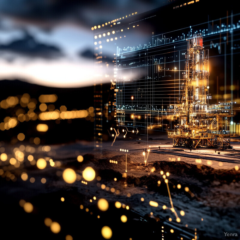 An oil rig at night with surrounding equipment and machinery.