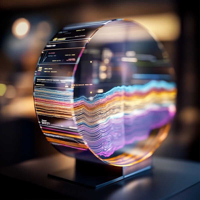 A large, transparent orb with symbols and lines etched into its wavy surface sits on a stand in a dimly lit room.