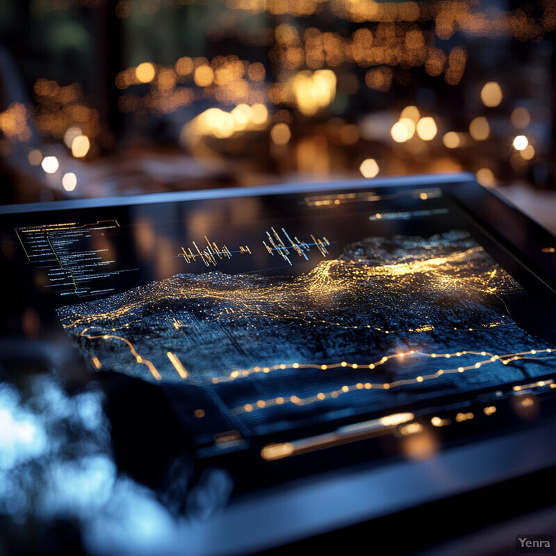 Interactive 3D visualization of a cityscape at night, showcasing various data points and trends through color-coded lines and shapes superimposed over a topographical map of the area.