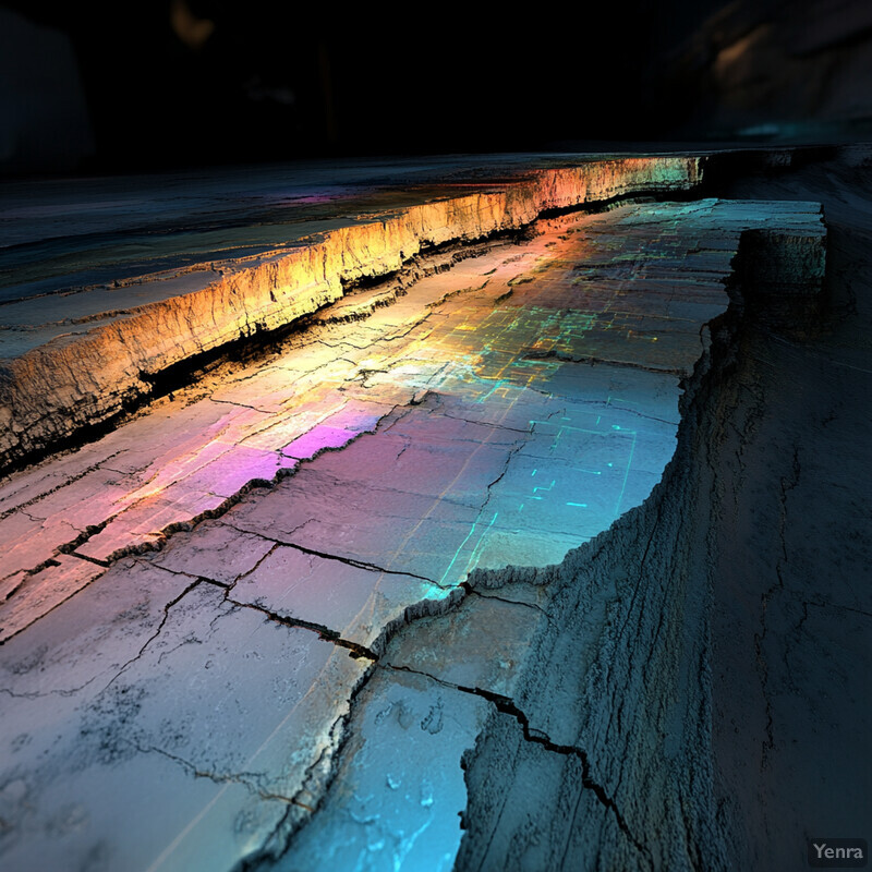 A large crack in a surface with varying colors and textures.