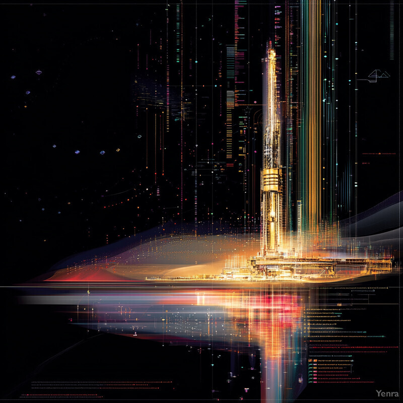 The image showcases a futuristic setting with abstract shapes and vibrant colors, featuring a large glowing tower at its center.