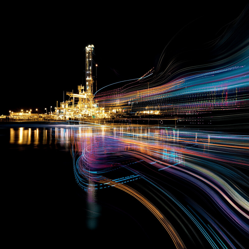 A large industrial facility at night, with streaks of light suggesting passing vehicles.