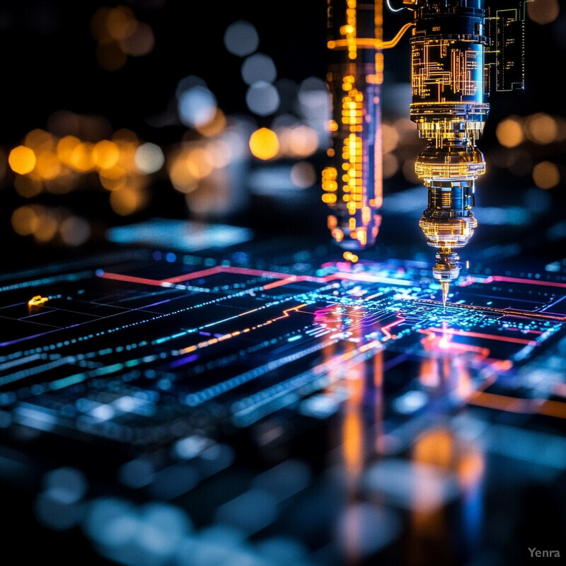 A futuristic cityscape with blue-lit skyscrapers and neon signs.