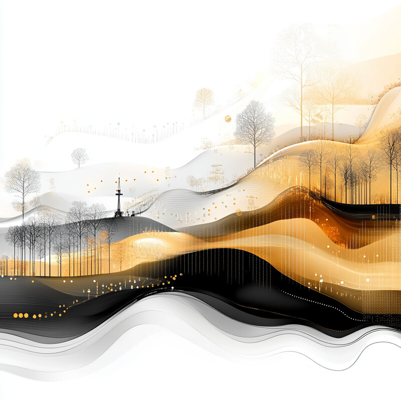 A serene landscape with rolling hills and trees, characterized by a harmonious blend of white, black, and gold hues.