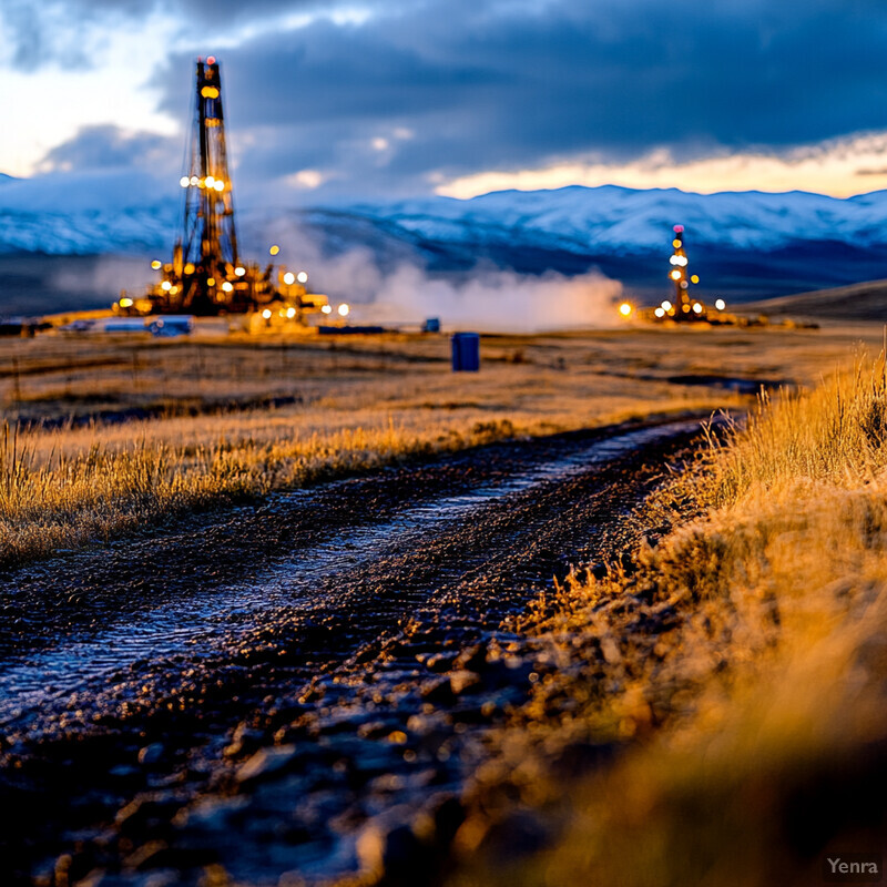 An oil rig in a remote area with snow-capped mountains visible on the horizon.