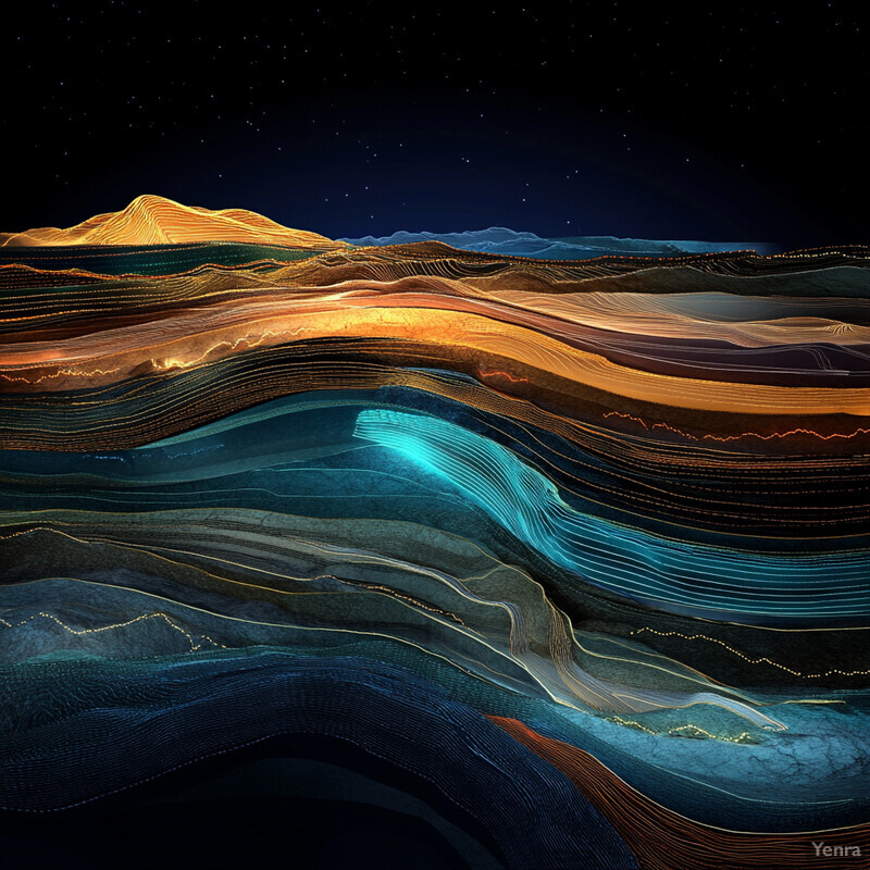 A 3D rendering of a seismic attribute extraction, showcasing a complex landscape with multiple layers and structures.