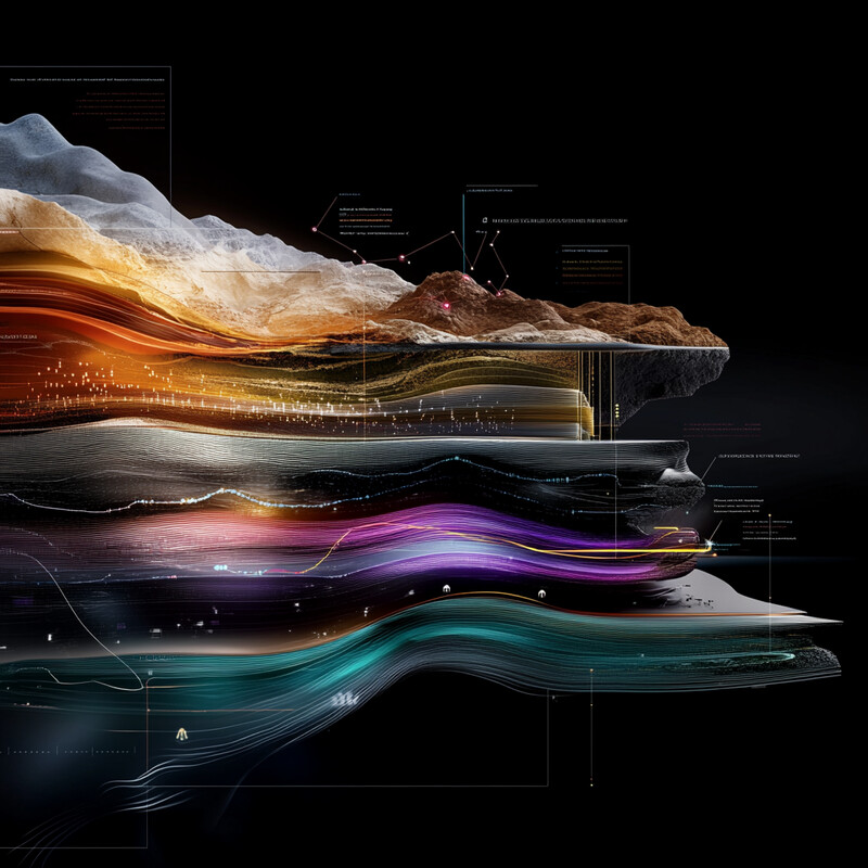 A 3D seismic attribute extraction visualization of a layered geological formation with distinct colors and patterns.