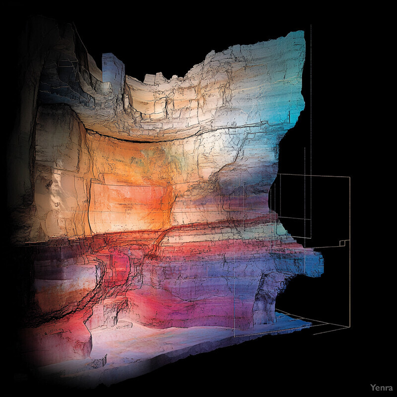 A 3D geological cross-section of a rock formation with orange and blue layers.