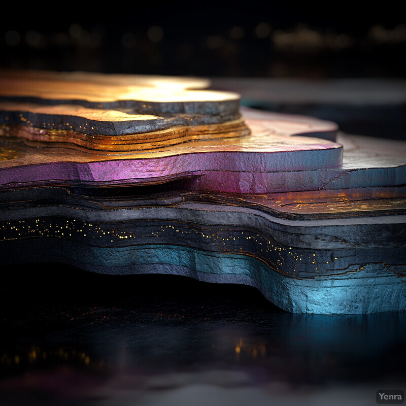 A 3D rendering of a geological formation, with layers of rock and sediment stacked upon one another.