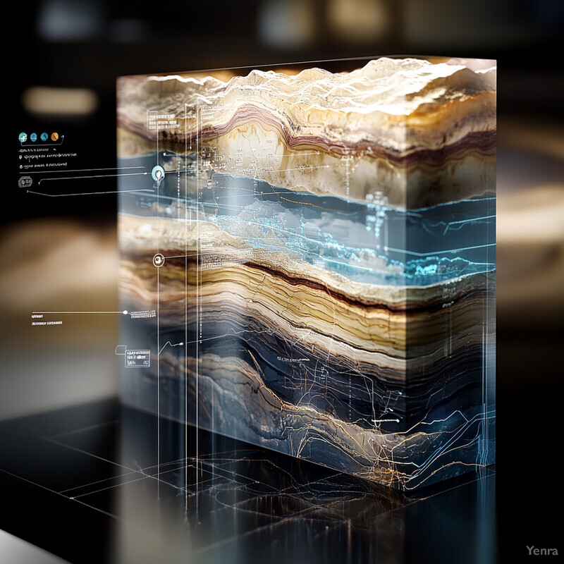 A 3D cube with a cross-section of rock layers, showcasing various geological features and processes.