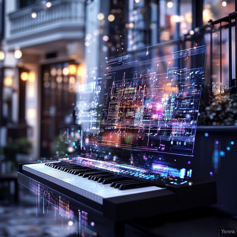 A digital representation of a piano keyboard with a vibrant, neon-like overlay featuring various musical notes and symbols.