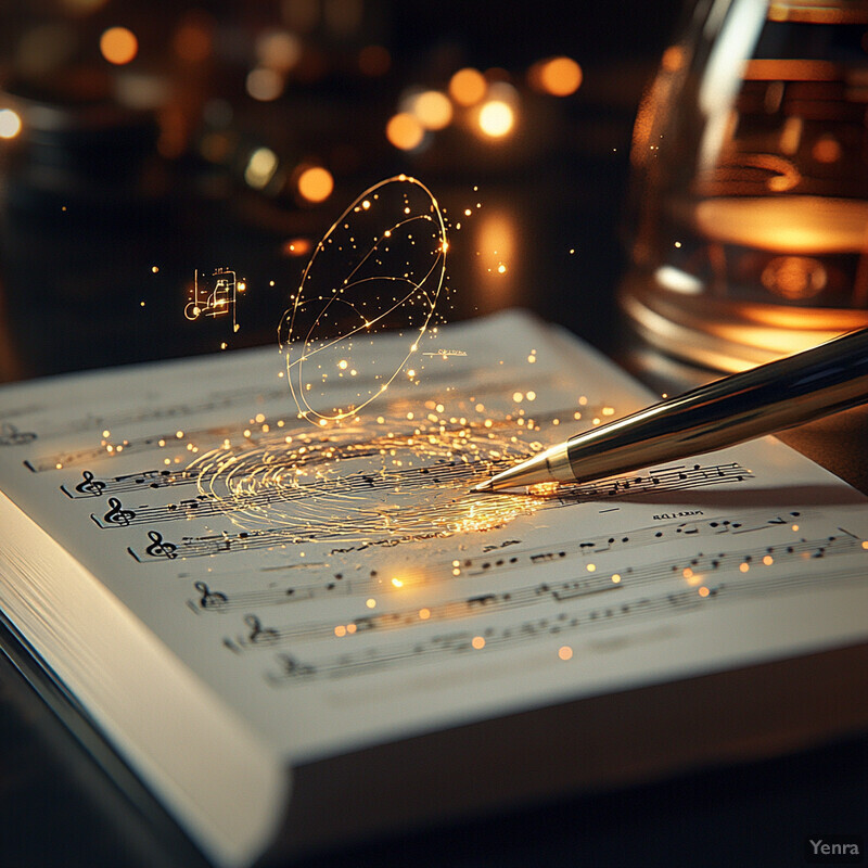 A pen rests on a blank sheet of music, surrounded by sparkles and golden swirls in a cozy room.