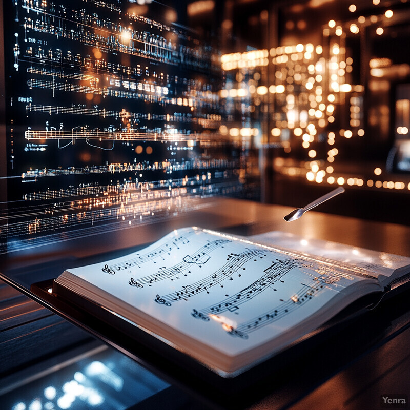 An open book with musical notation and a small pen on a wooden table in a study room.