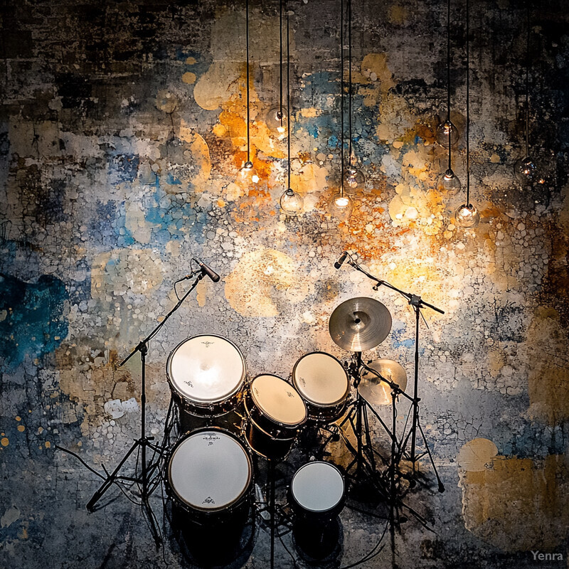 A drum set is positioned in front of an abstract mural or painting on the wall.