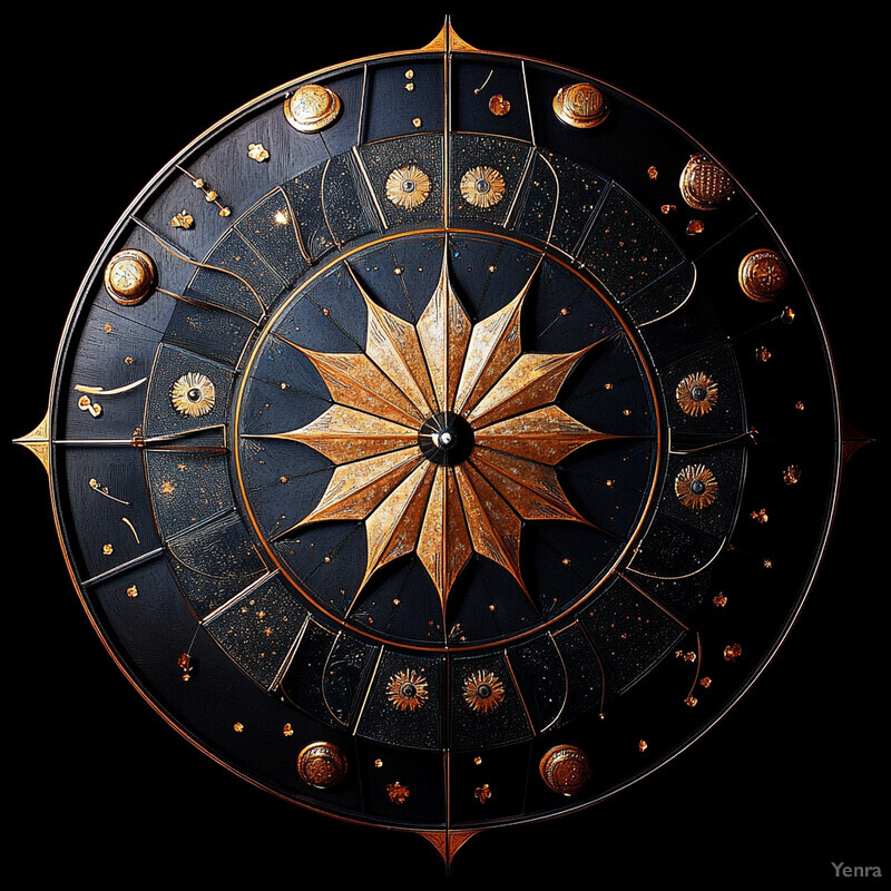 Intricate circular object with starburst design and various symbols.