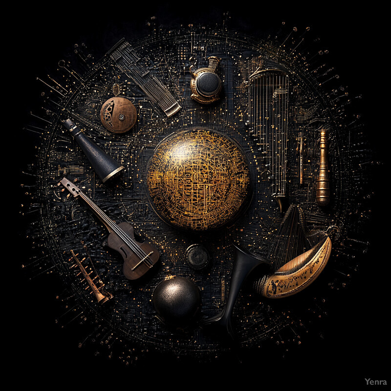 An intricate composition featuring musical instruments and objects arranged around an ornate gold circle, conveying cultural richness and diversity.