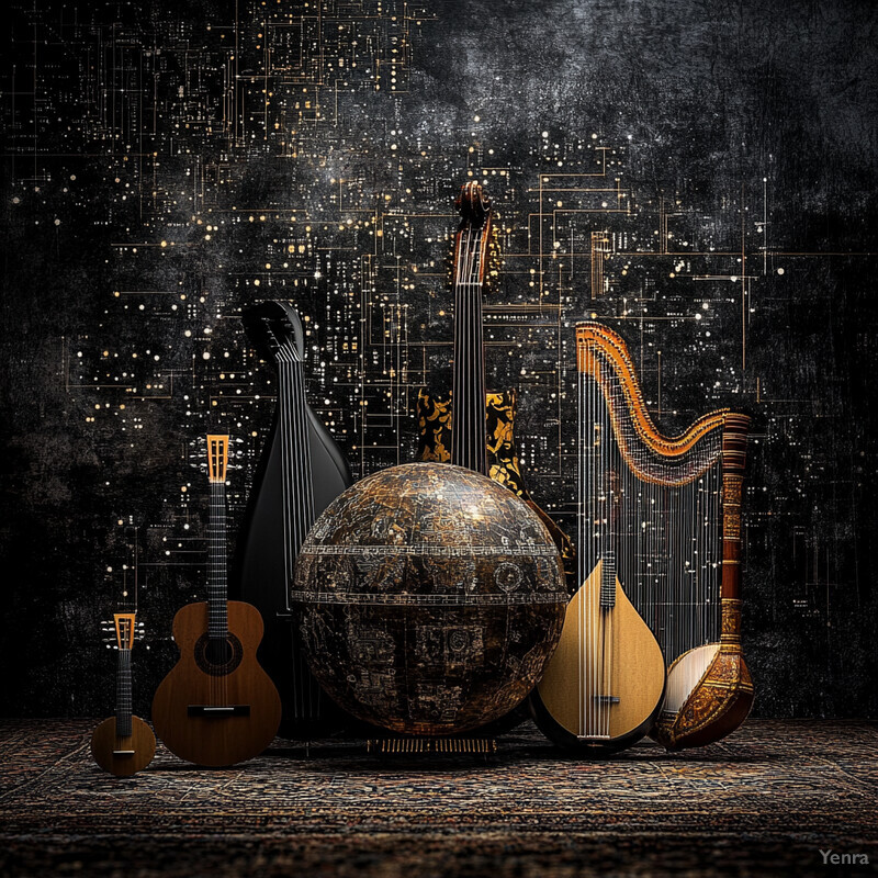 The image presents a collection of musical instruments and objects against a dark backdrop, evoking the atmosphere of an old-fashioned music room or concert hall.