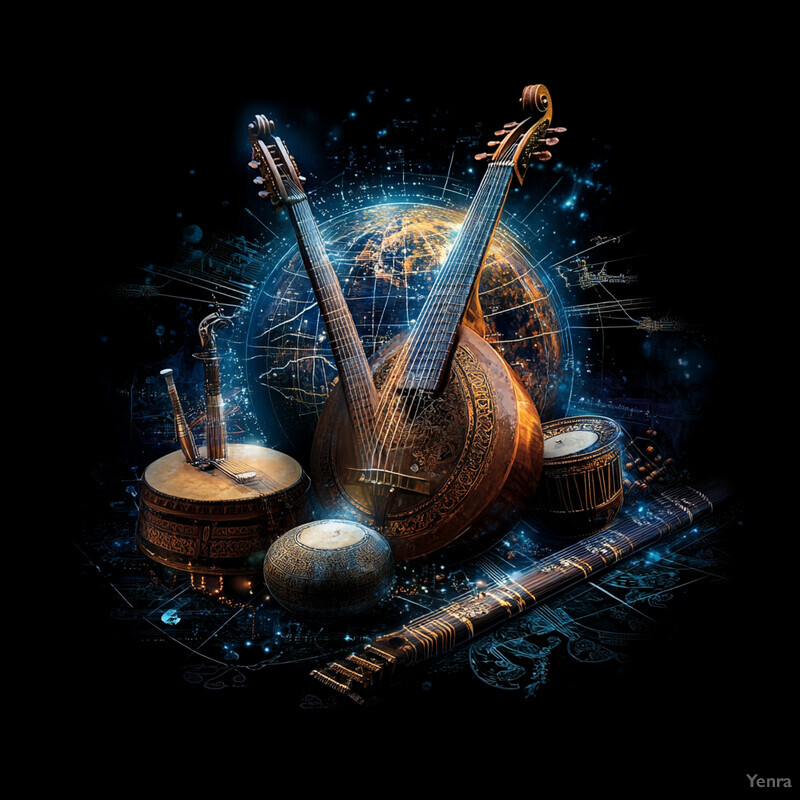 A collection of stringed instruments and drums set against a backdrop of an orange globe, symbolizing the universal appeal of music.