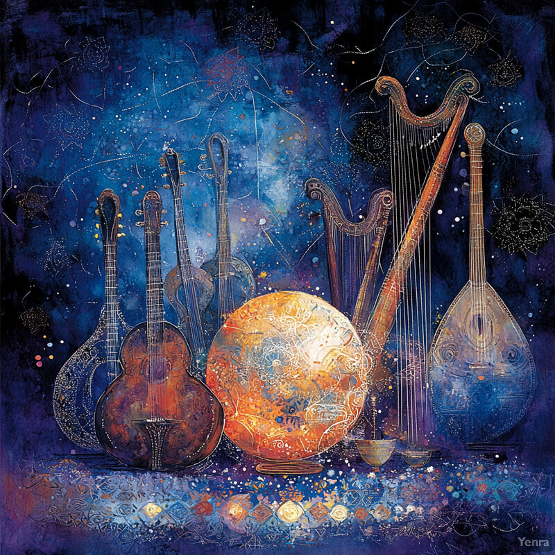 A collection of musical instruments arranged in front of an orange and blue planet Earth, set against a starry night sky background.