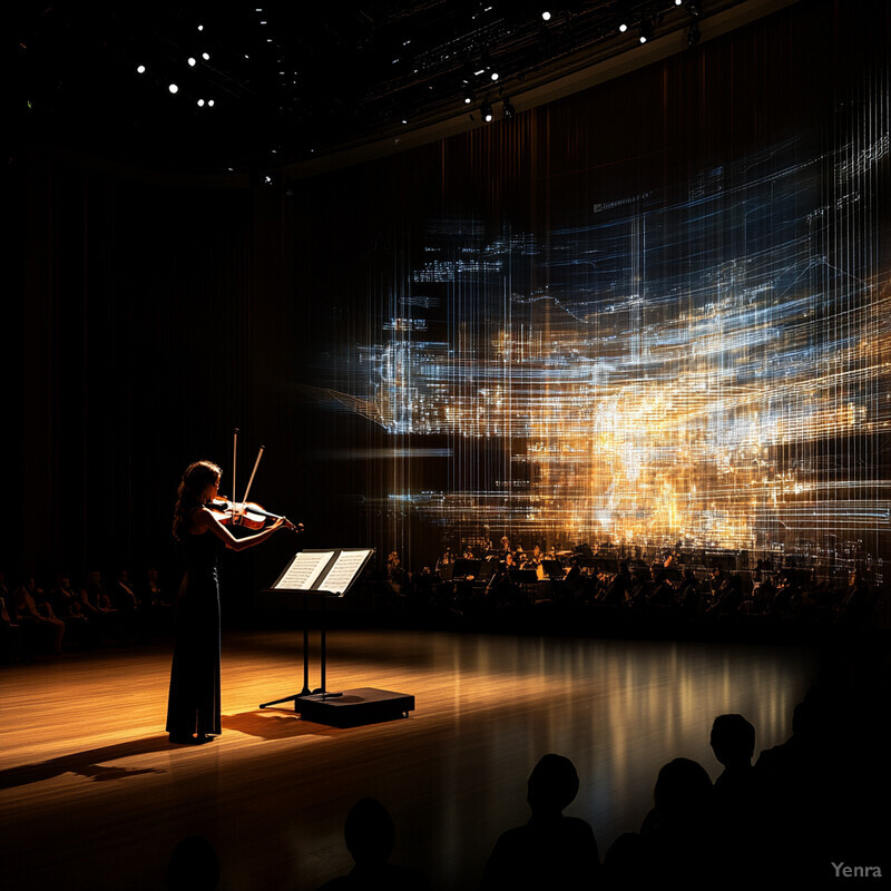 A woman plays the violin on stage in front of an audience, creating a dramatic and sophisticated atmosphere.