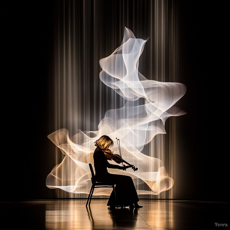 A woman plays the violin in front of a large screen displaying abstract shapes and lines.