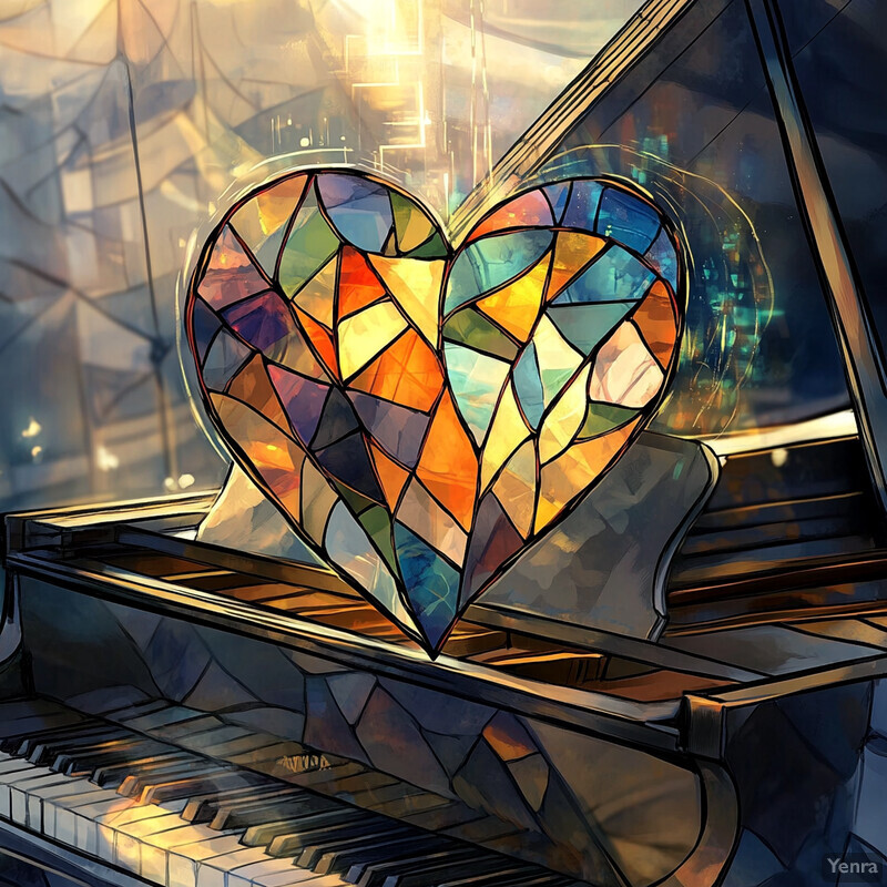 A digital artwork featuring a stained-glass heart on top of an upright piano, exuding love and passion for music.