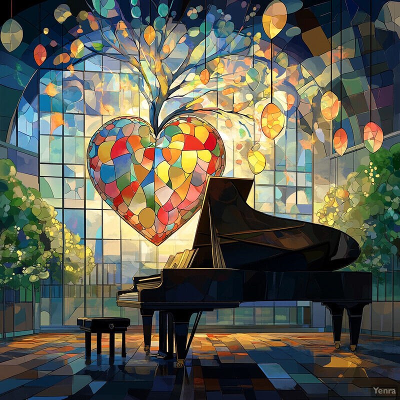 A grand piano sits in front of a large window with a stained glass design, surrounded by natural light and plants.