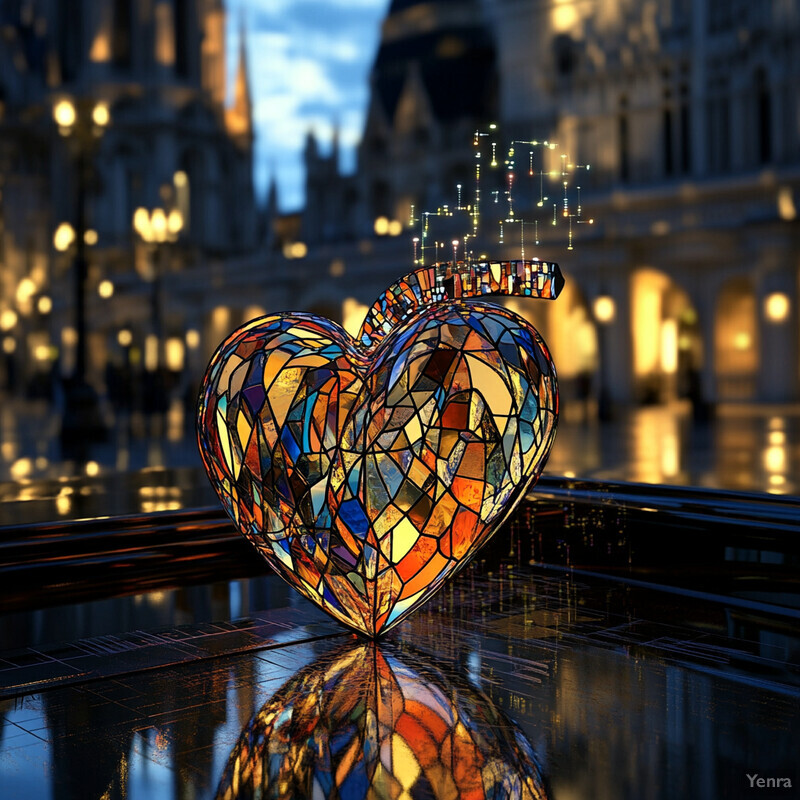 A heart-shaped stained-glass object with a multicolored design and black outlines.