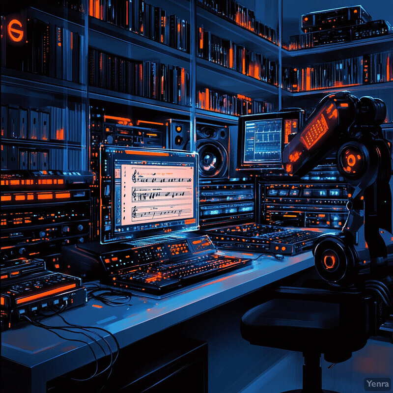 A person is working at a desk with multiple monitors and keyboards, surrounded by books on shelves.