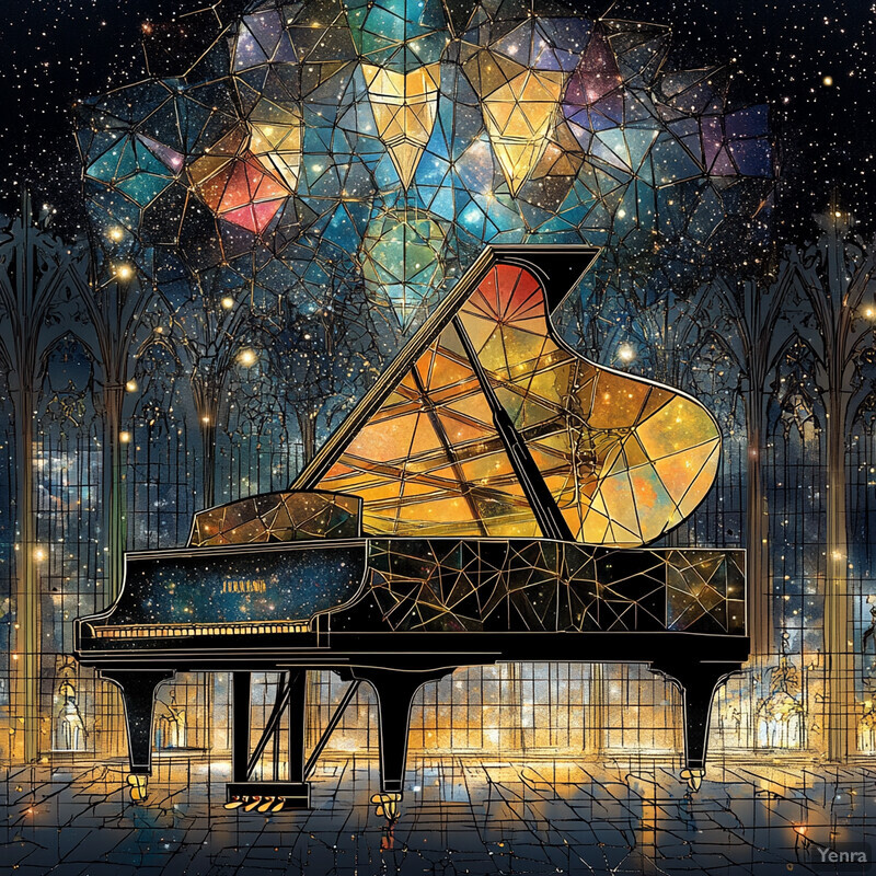 A grand piano in a luxurious setting with stained glass windows.