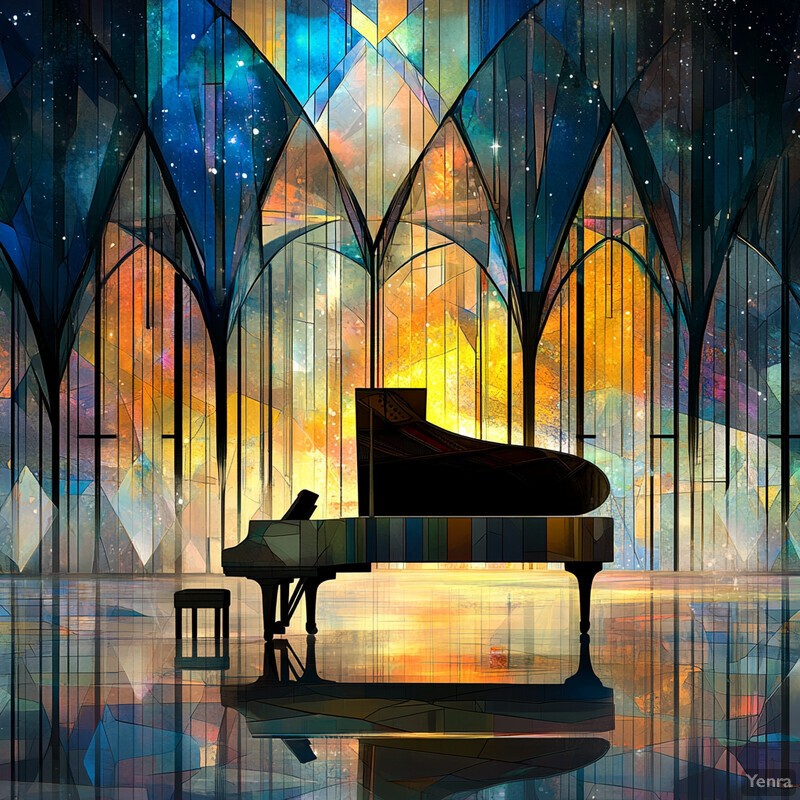 A grand piano sits in front of a stained glass window, set against a wall with ornate molding and a dark wood floor.