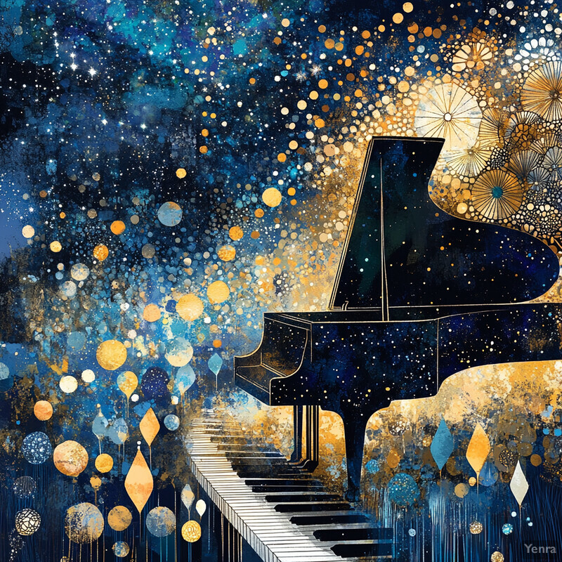 A grand piano on a stage under a starry night sky