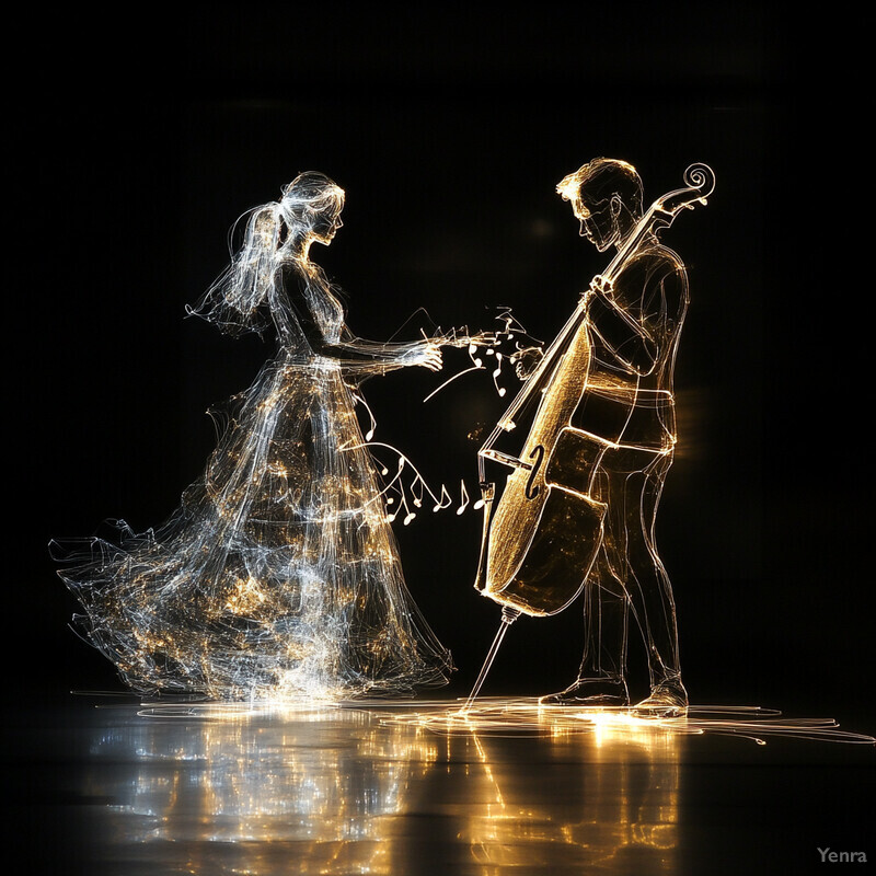 An improvisational dance performance between a male and female dancer, with the male holding a cello.