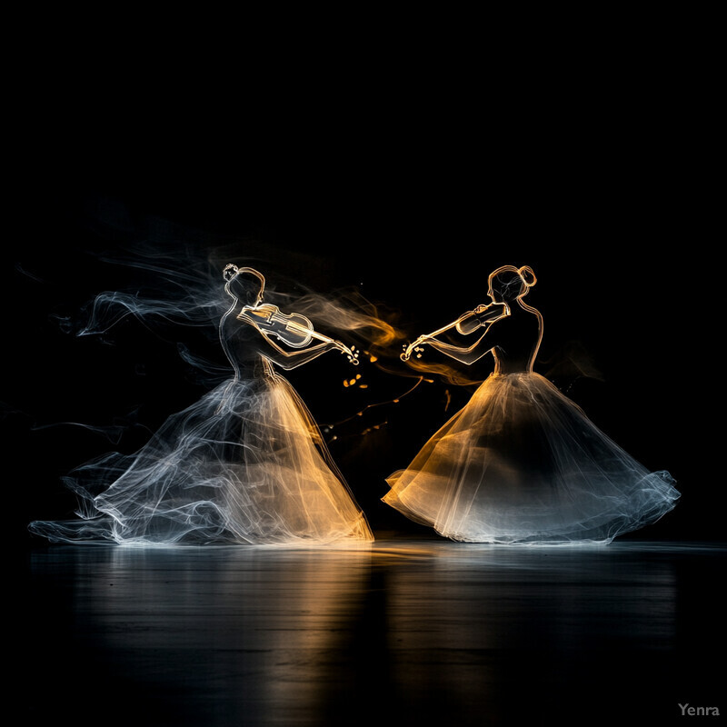 Two ballerinas in tutus pose dramatically on either side of a large mirror.