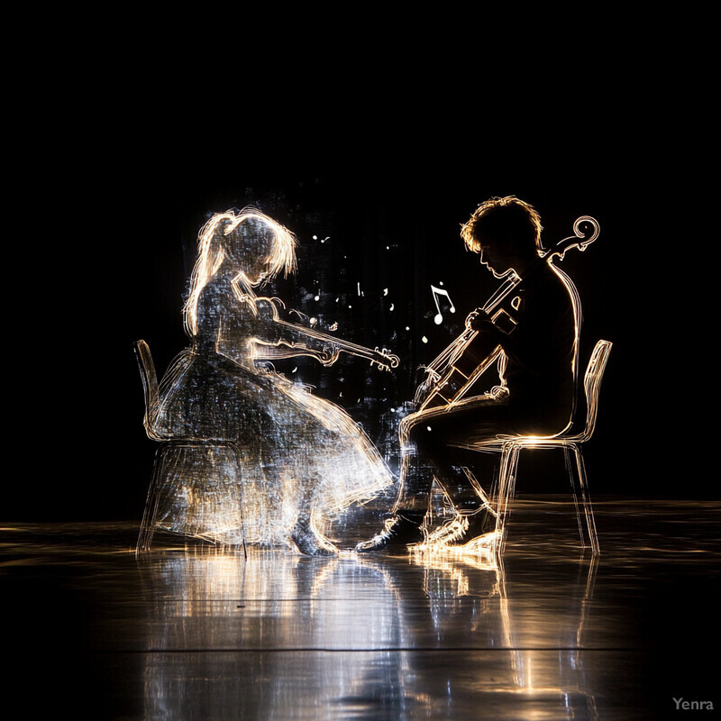 Two musicians playing violin and cello in a dimly lit room.