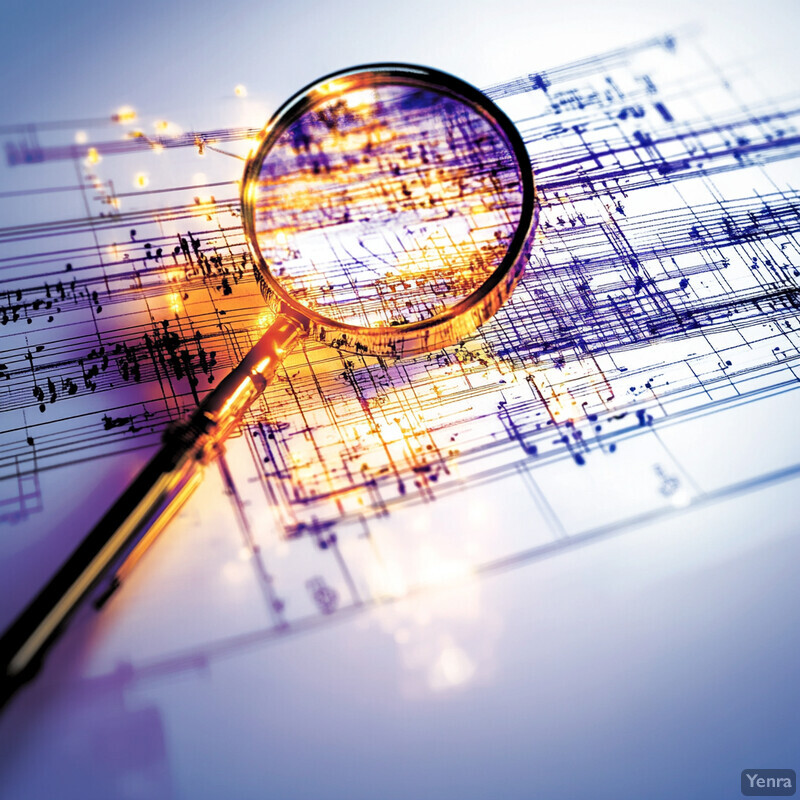 A magnifying glass placed on top of sheet music, highlighting a specific section of the notes.