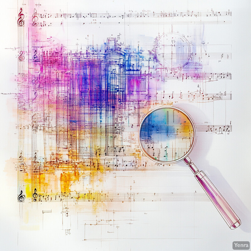 A magnifying glass sits atop a white surface, revealing an abstract pattern of purple, blue, yellow, and pink musical notes and symbols.