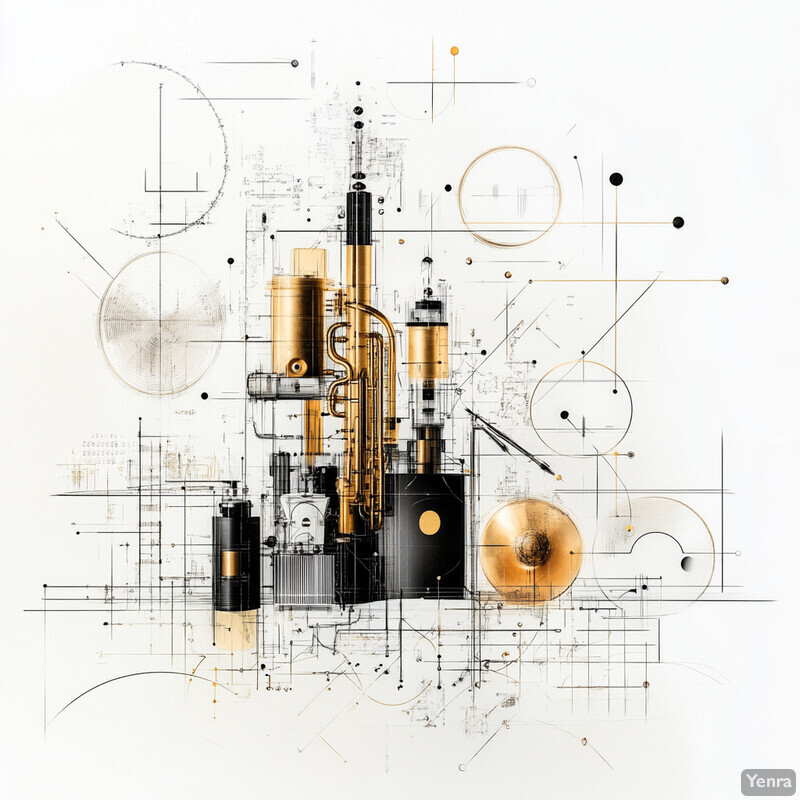 An abstract representation of engineering or industrial design featuring gold and black geometric forms.