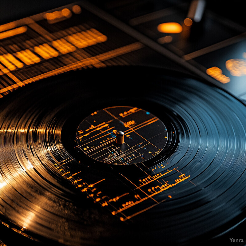 A close-up view of a vinyl record on top of a DJ controller, highlighting the intersection of technology and artistry in music production.