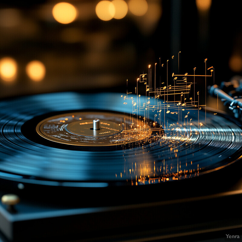 A vinyl record spinning on a turntable, with its grooves visible due to the lighting effect.