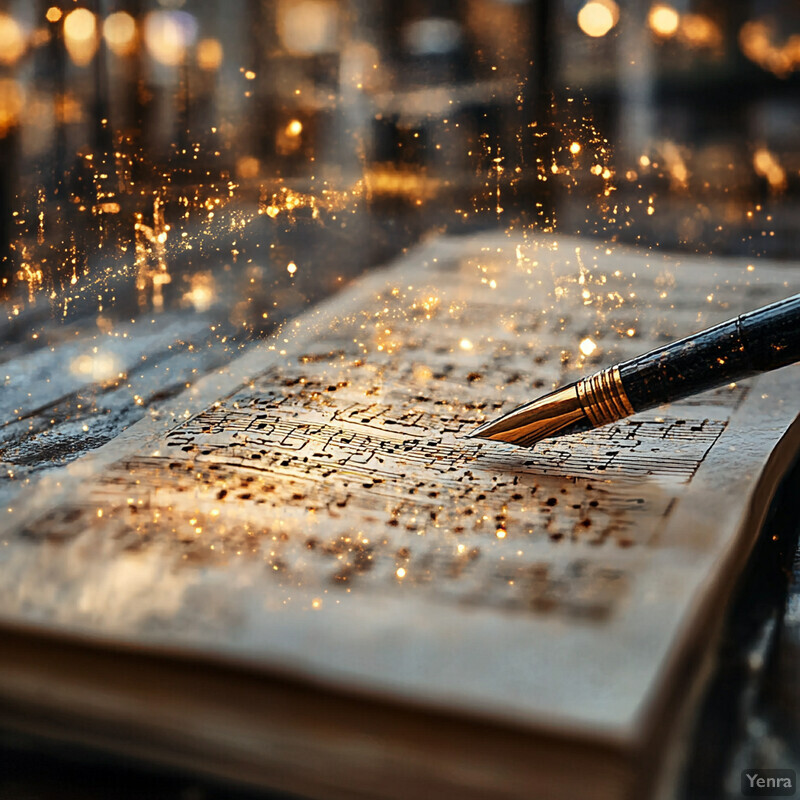 A book with sheet music and a pen on top, suggesting creative pursuits such as composing music or writing lyrics.